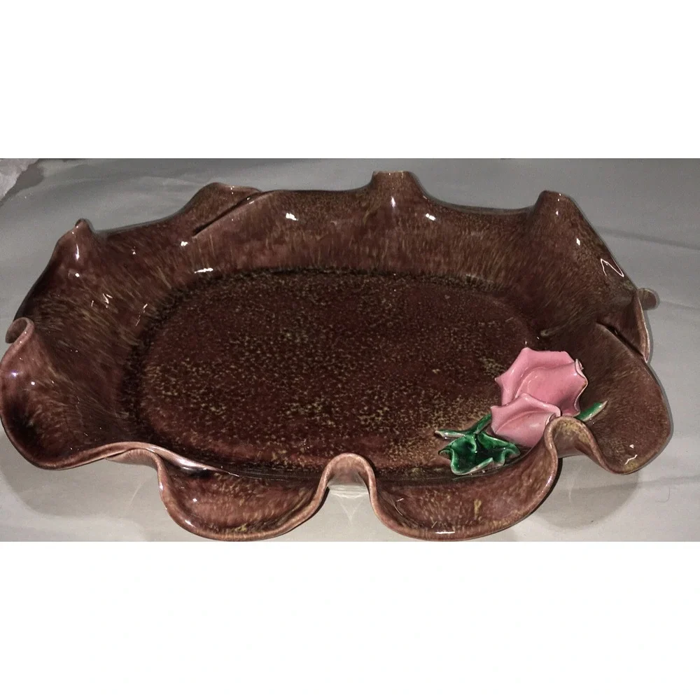 Vintage HAND THROWN POTTERY BOWL DISH APPLIED 3- D PINK ROSES